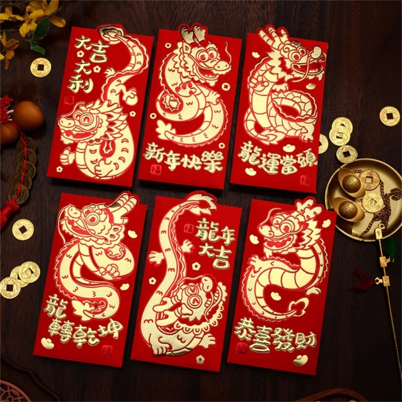 Y1UB Paquete rojo chino 2024 años, 6 uds., diseños únicos para regalar, regalo boda, fiesta cumpleaños, bolsa papel
