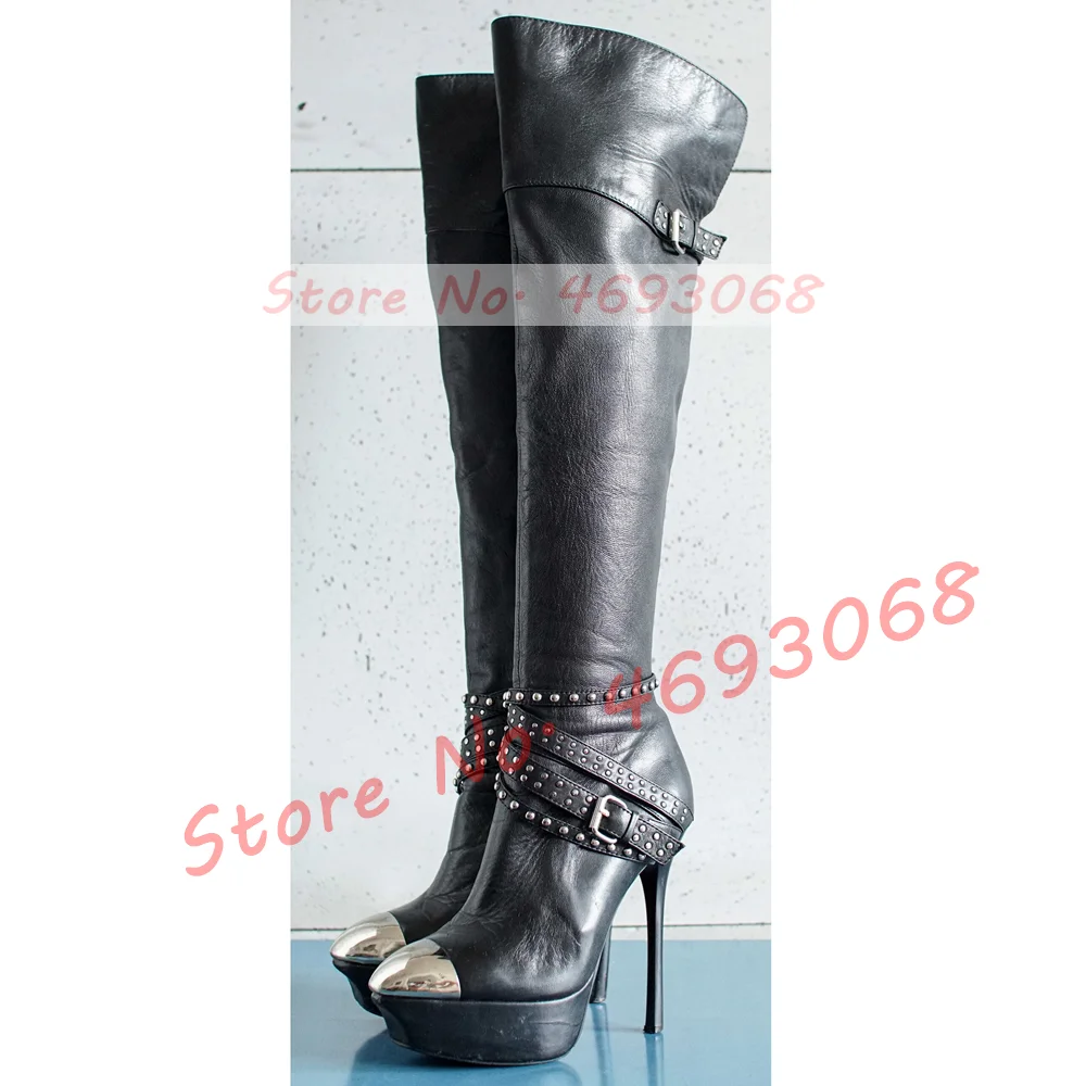 Vintage Metal Toes Platform Overknee Boots Women Round Toe Rivets Belt Buckle Trendy Shoes Sexy Side Zipper High Heel Long Boots