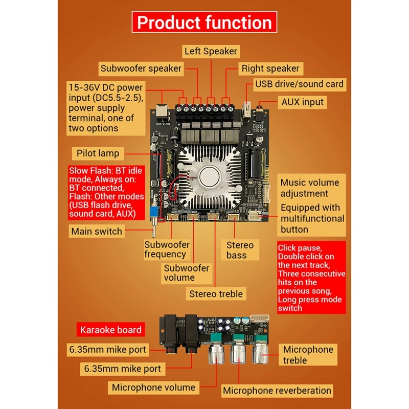 ZK-DAM L1 Digital Power Amplifier Board  Stereo 2X220W+350W Subwoofer  Bluetooth Amplifier Module With Shielded Wire B