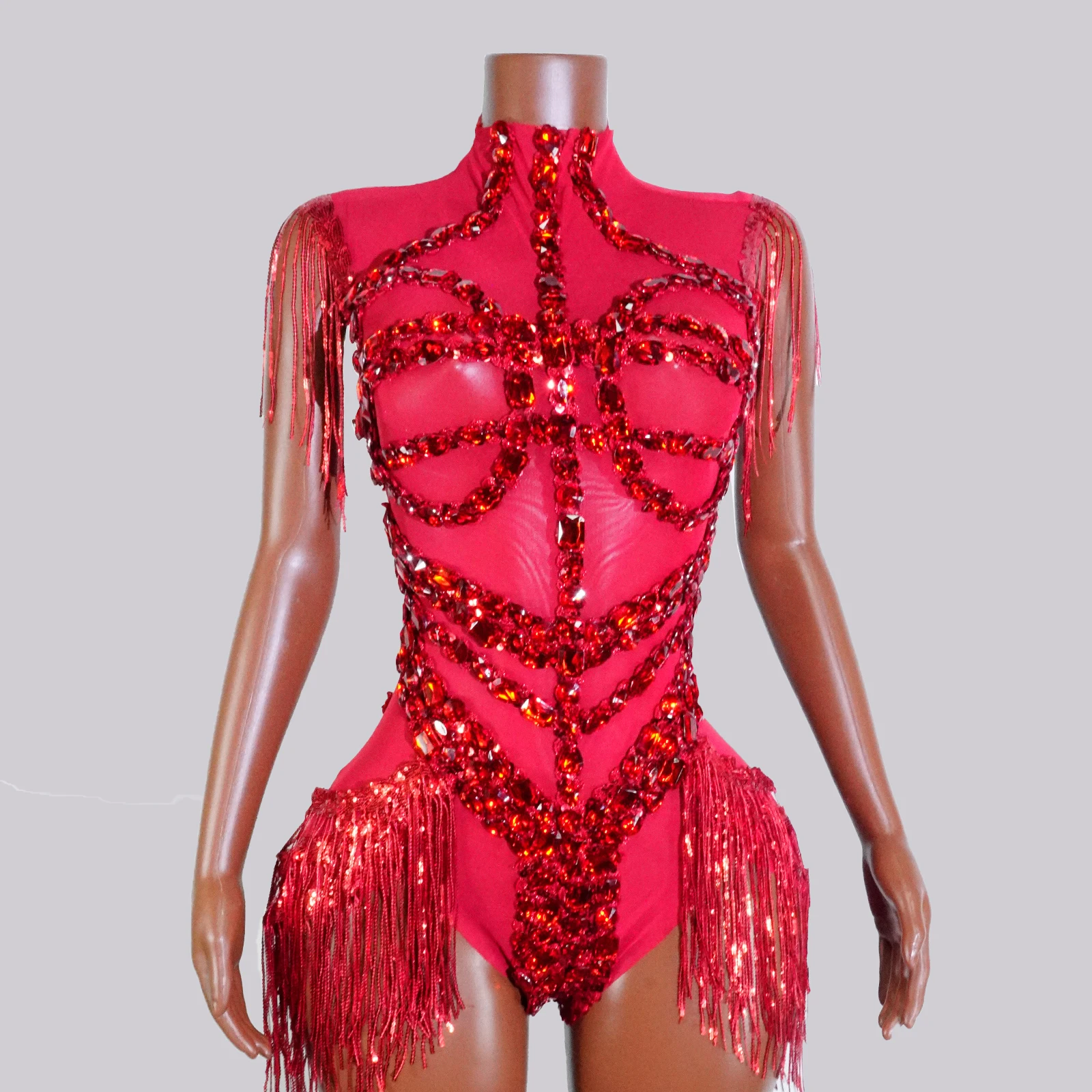 

Sexy See-through Glitter Red Crystal Fringe Bodysuit High Elasticity Drag Queen Costume Festivals Outfit NightClub Dance Outfits