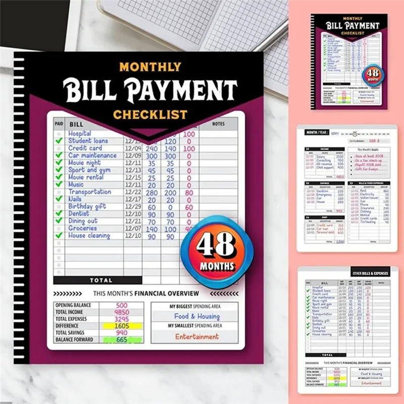 A97Z Bill Tracker Notebook Monthly Financial Budgeting Management Book For Family Expense Tracker 4-Year Guide Payment Easy