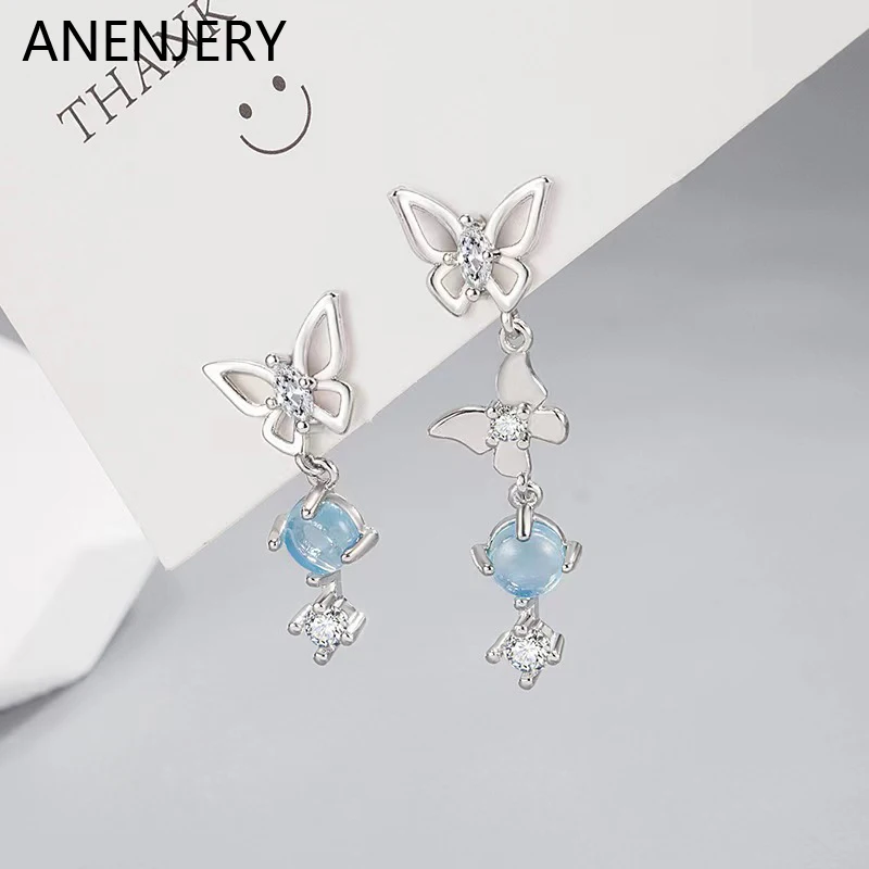 

Серьги-гвоздики ANENJERY с асимметричным лунным камнем и бабочкой для женщин, простые модные ювелирные украшения, аксессуары, Brincos