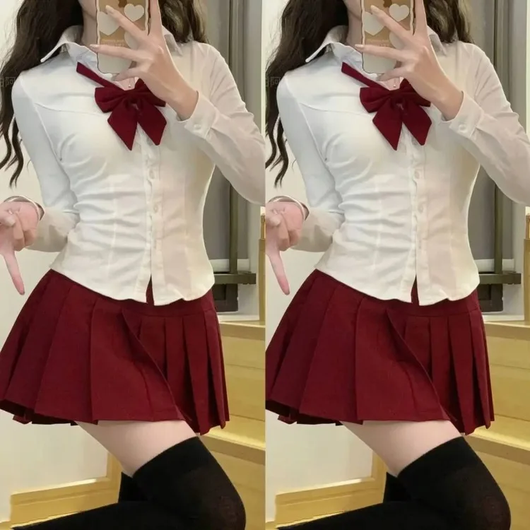 Camicia Jk bianca a vita sottile giapponese Kawaii da donna + Y2k Gonne a trapezio a pieghe casual dolce vintage 2025 Estate Nuovi set di due pezzi