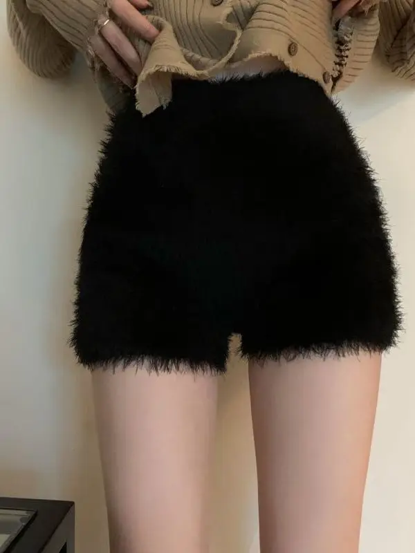 

Sweet Foreign Style New Fashion Spring Women Plush cotton lounge Shorts Solid Color Knitted black warm trendy high waist