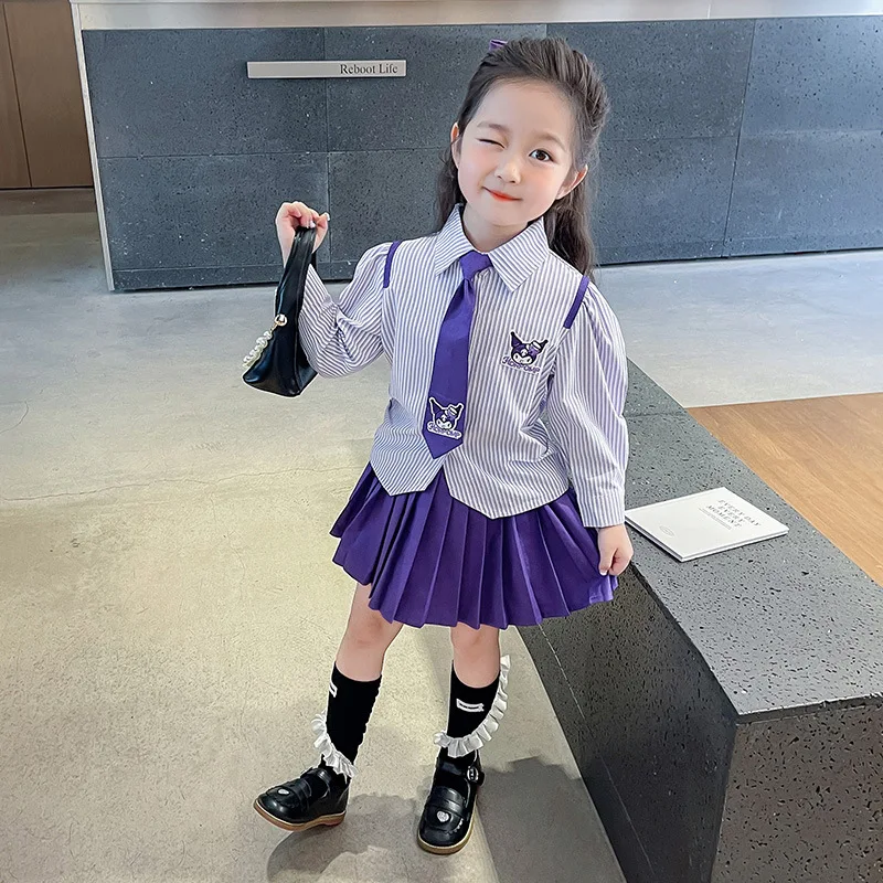 مجموعة قميص وتنورة مطوية بأكمام طويلة من Anime Kuromi Academy للفتيات JK طالب الحرم الجامعي نمط قطعتين الزي هدايا العيد