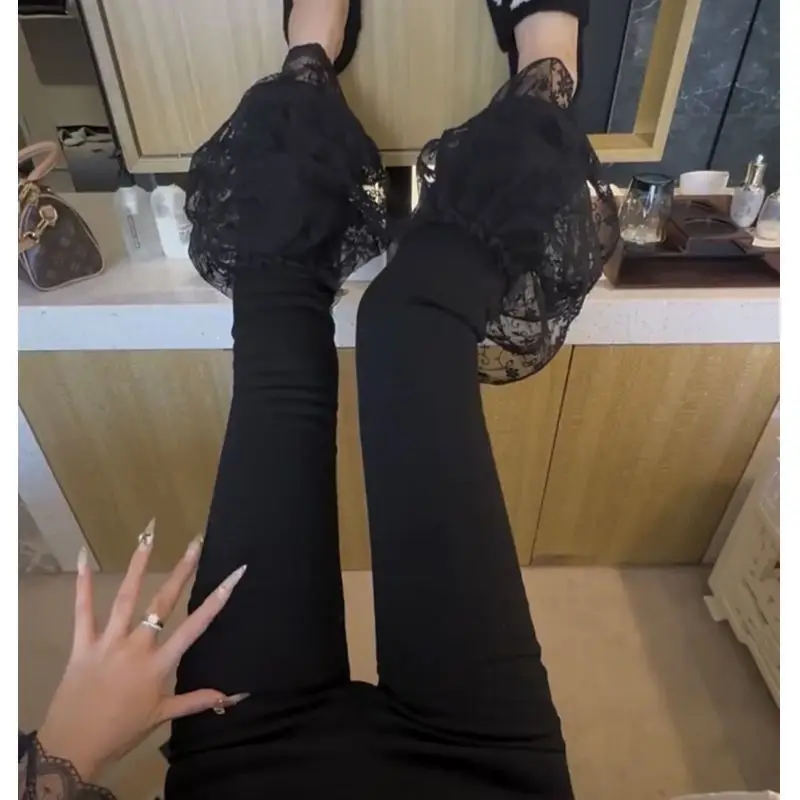 2026 Summer Design Sense Lace Splicing Flared Pants Versatile Fashion Women's Skinny Versatile Casual Pants