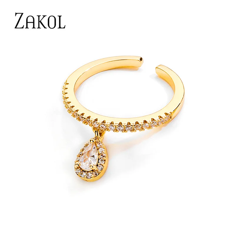 ZAKOL Fashion Water Drop Cubic Zirconia Engagement Rings for Women Adjustable Ring Accessories R2330