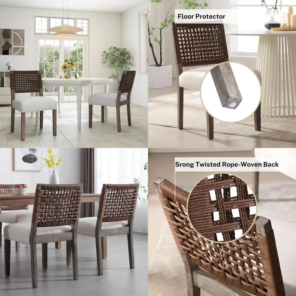 زوج من كراسي تناول الطعام الحديثة المصنوعة من الكتان المجهودة بمساند الظهر المنسوجة وإطارات من الخشب الصلب #1