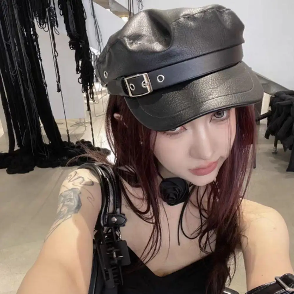 

Classic Octagonal Cap Solid Color PU Leather Military Cap Fashion Caps Beret Ladies Retro Newsboy Hat Outdoor Sun Hats Women Cap
