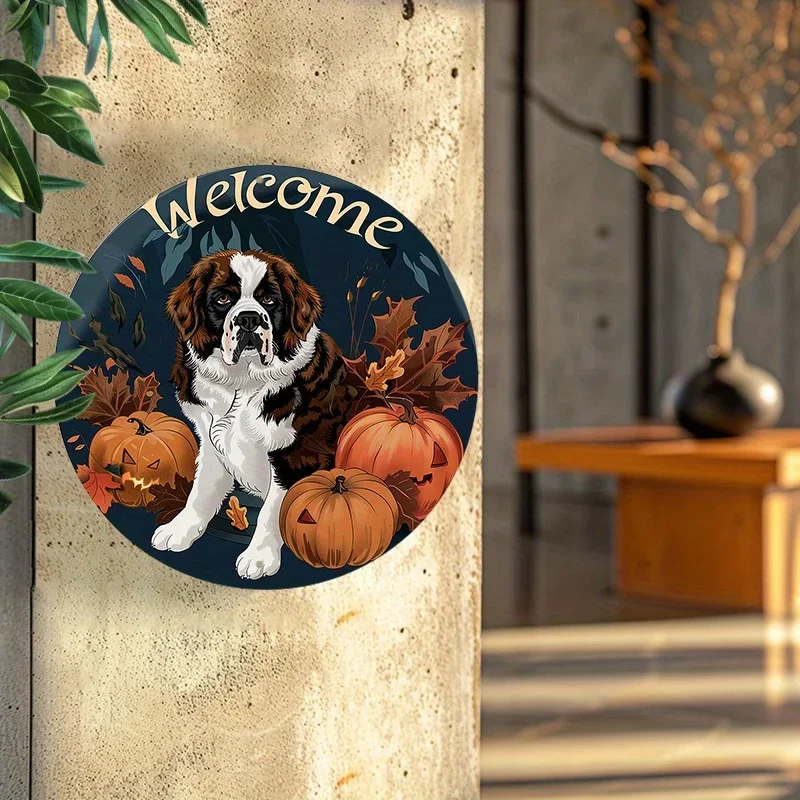 CIFBUY Vintage Cute Welcome Bernard Pumpkin Round Aluminum Wall Art Waterproof Durable Metal Sign Home Garden Living Room Patio