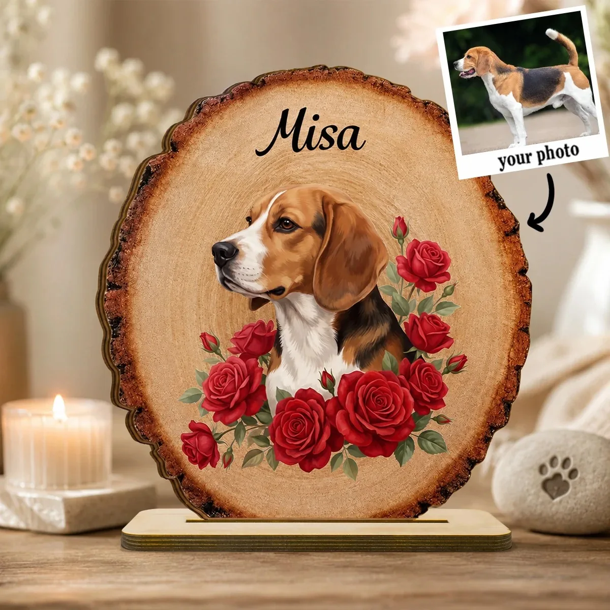 Custom Pet Portrait Memorial Plaque 2 Layer Wooden Personalized with Pet Name Roses Floral Sympathy Gift for Pet Lovers