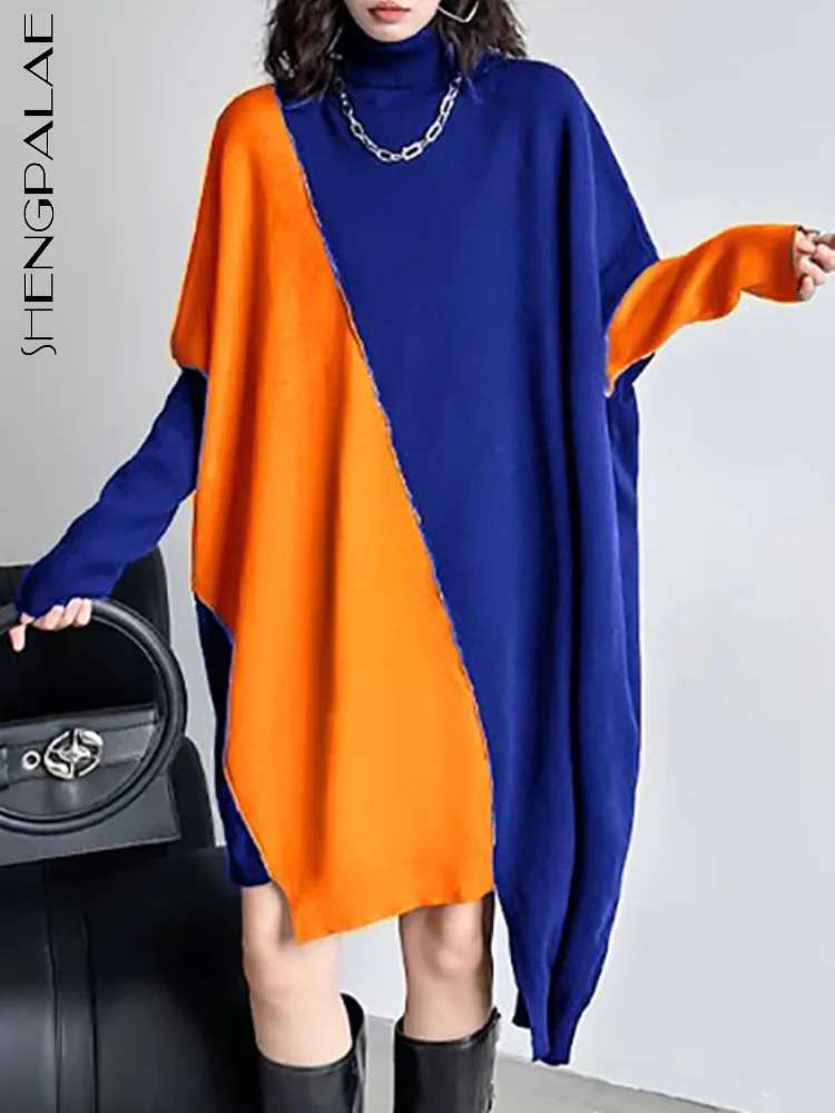 

SHENGPALAE Knitted Contrast Colors Dress Spliced Irregular Design Long Sleeve Loose Women Winter Dresses 2024 Autumn 5C1624