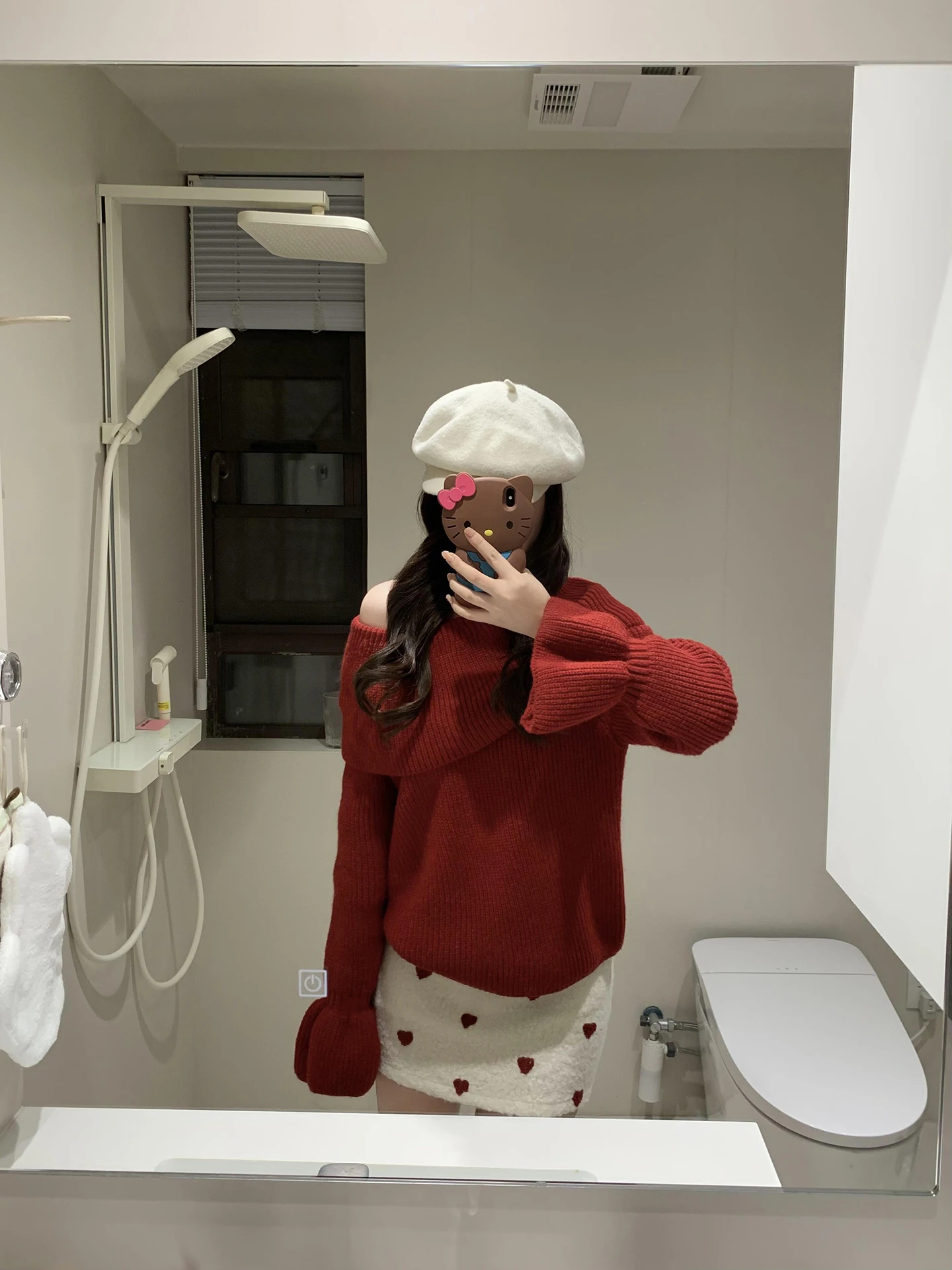 Red Knitted Sweater Women's Winter Lazy Sle Slant Collar oulder Exposure Loose Warmth Small Faionable Knitwear