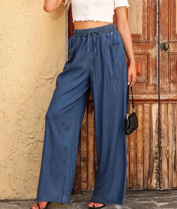 

Autumn High Waisted Lace Up Casual Straight Leg Pants, Fashionable and Personalized Imitation Denim Women's Straight Leg Pants