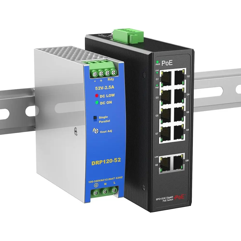 

8-Port Gigabit PoE+ Industrial Switch with 120W Power Budget, DIN-Rail Mount, 2 Uplink Ports, Ideal for IP Cameras, VoIP Phones,