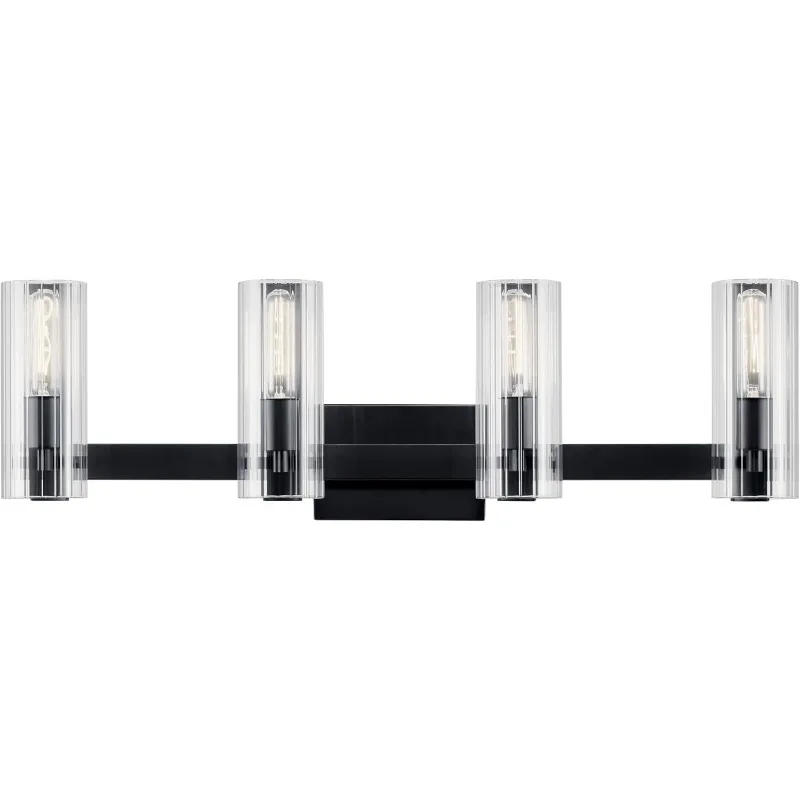 Jemsa 4 Light Vanity, Modern Light with Clear Fluted Glass in Black for Bathroom or Powder Room (9.75