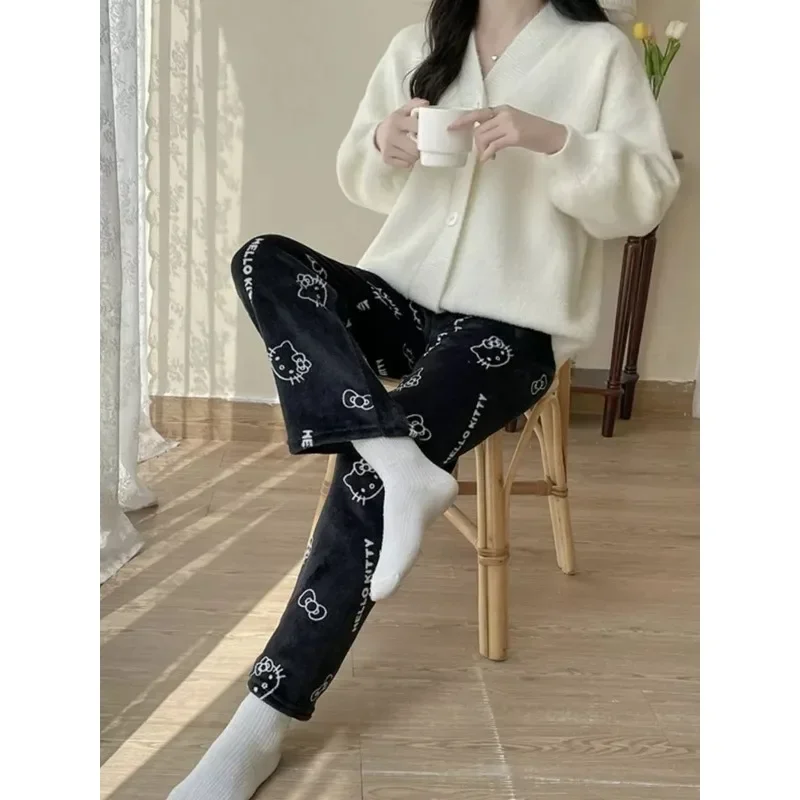 Black HelloKitty White Outline Bow Flannel Sleep Trousers Soft Warm Straight Leg Loungewear for Women Holiday Birthday Gift