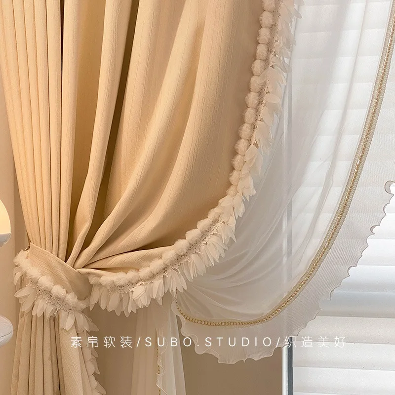 Lujo ligero retro francés Curtains for Living Room Bedroom Dining Room Pliegues de Milán Encaje de bolas de pelo Cortinas window