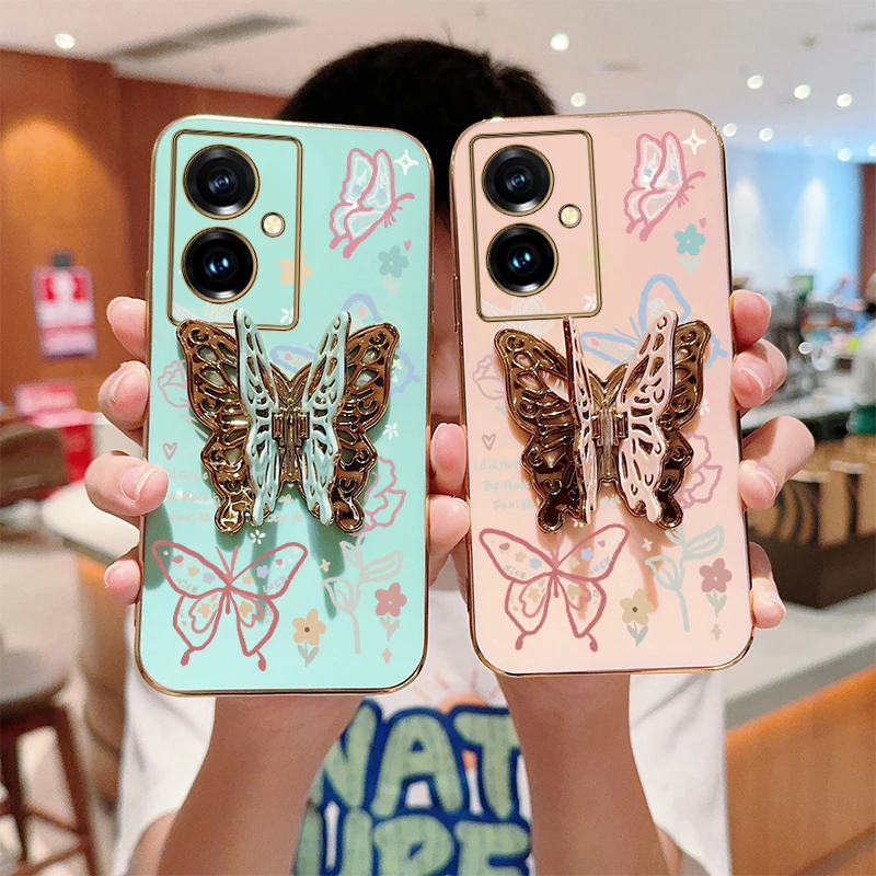 Y 78 Plus Rose Butterfly Plating Holder Phone Case For VIVO Y85 Y200i Y91 Y35Plus Y93 X100S Y76S Y35 X100 Y28 Y77 Y100 Cover