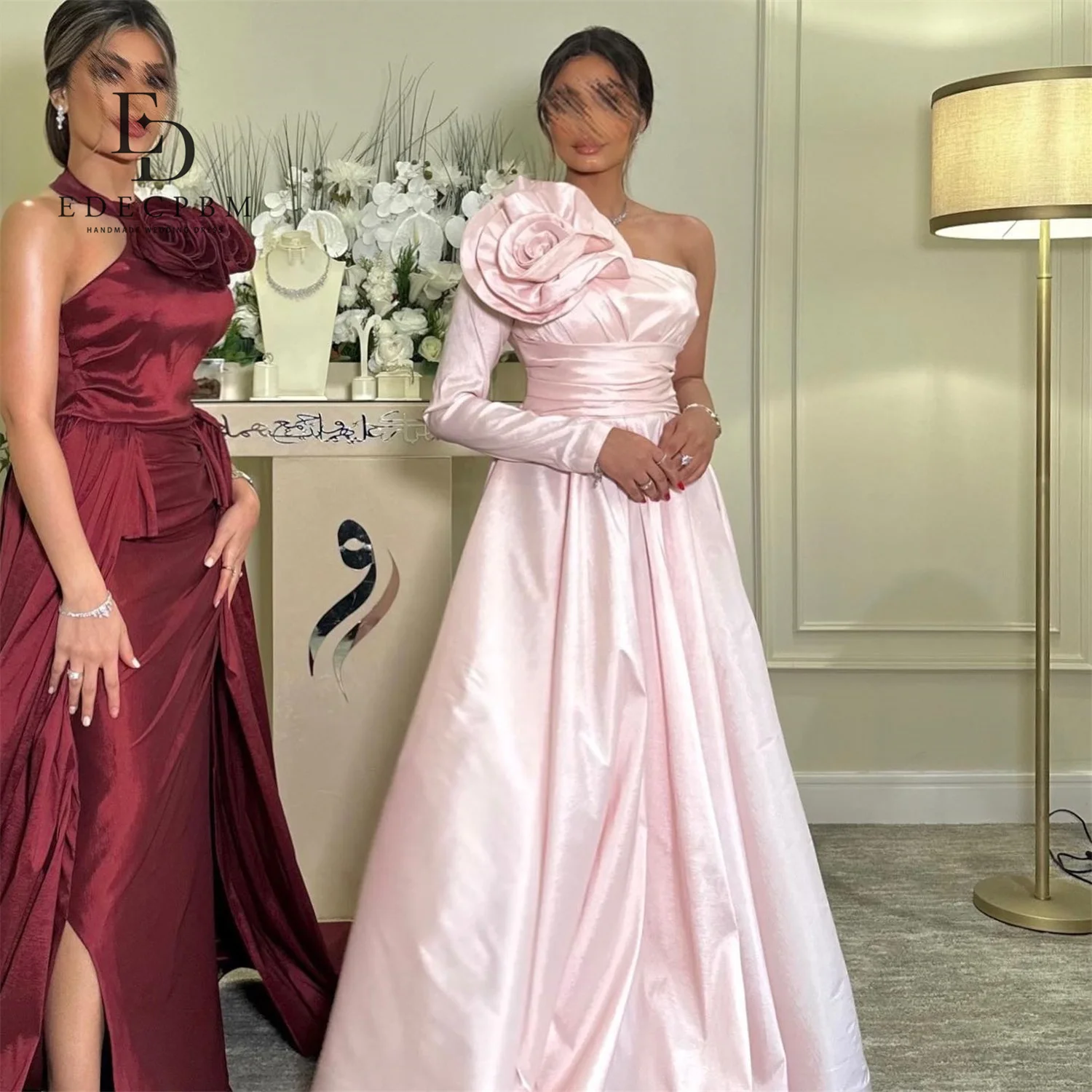 EDECPBM エレガントなパーティードレス 2025 イブニングドレス レディース プロムドレス ピンク サテン カスタムメイド ワンショルダー イブニングドレス