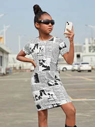 Summer 4-14 Year Old Girl Fashion Novelty Printed Short sleeved Dress Casual Comfortable Breathable Dress T-shirt