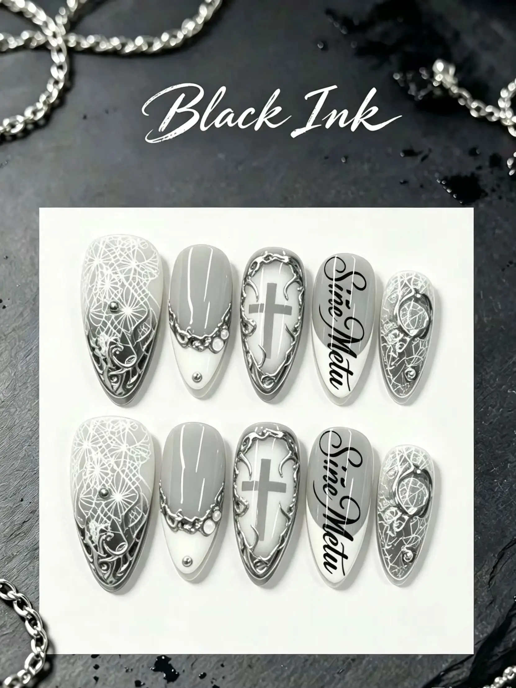 10-Piece Almond-Shaped Set, Black and Gray Gothic Lace Net, Cross and Metal Frame, False Nails