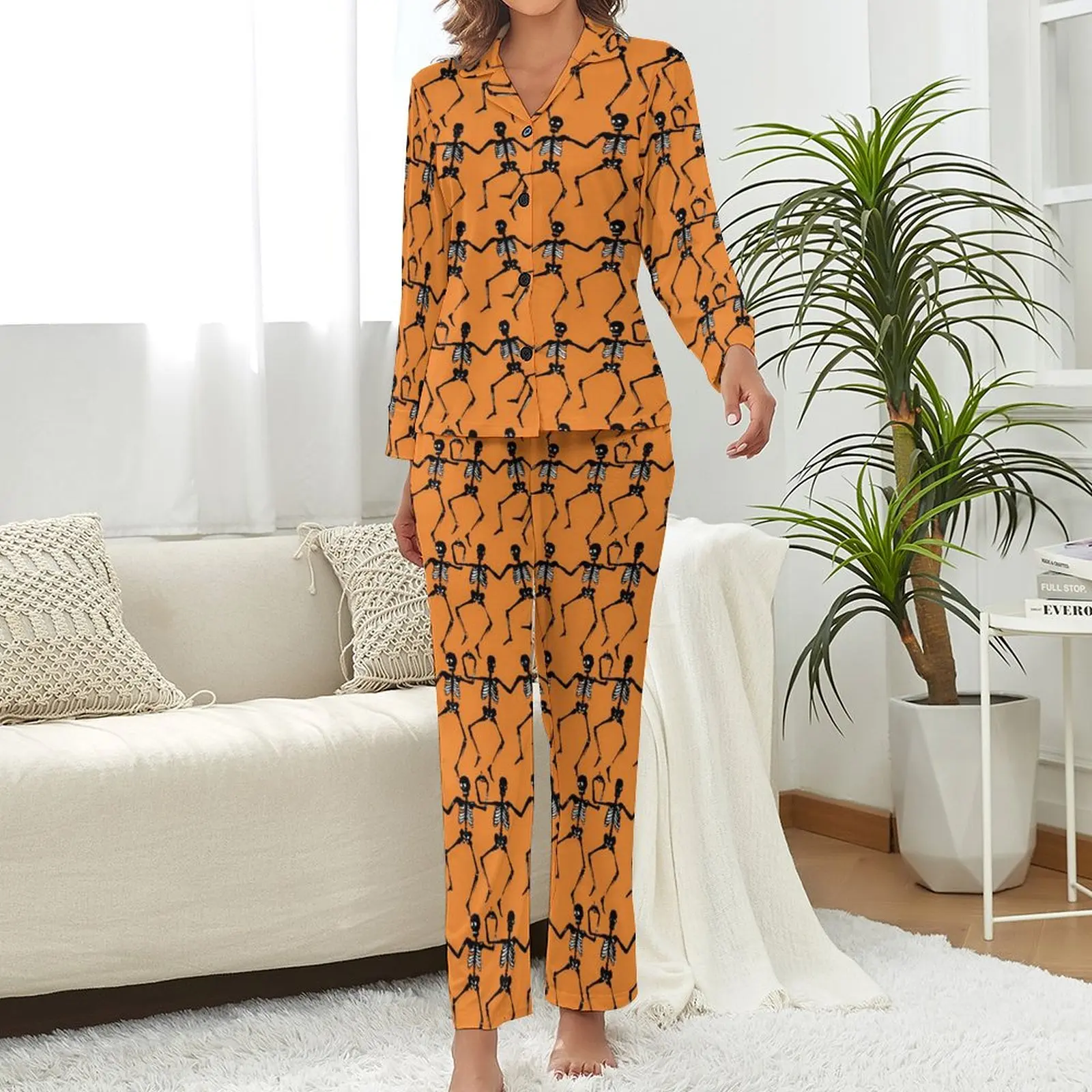 Dancing Skeleton Pajamas Halloween Home V Neck Nightwear Female 2 Pieces Pattern Long-Sleeve Warm Pajama Sets