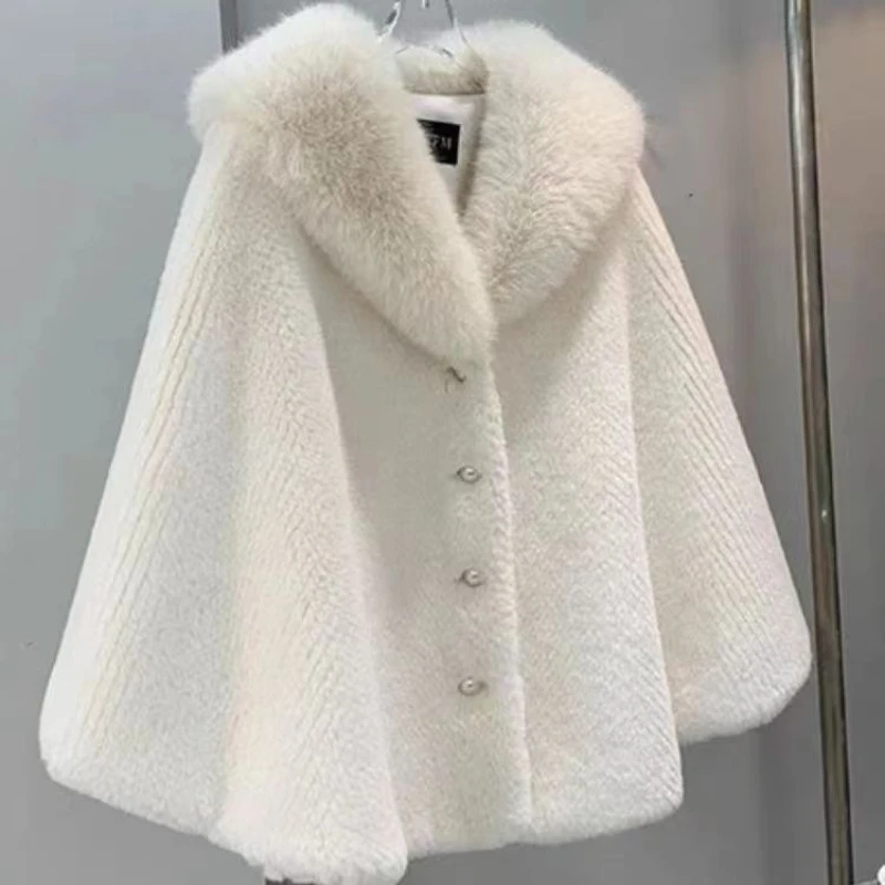 Spliced Loose Faux Mink Fur Women's Capes Winter Fur Collar Ponchos Single Breasted Elegant Party Coats White Cozy Cloaks 2024