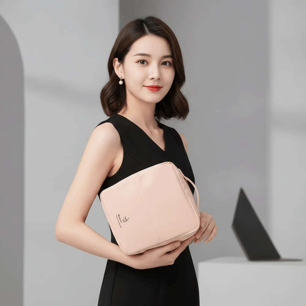 Large Open Standing Makeup Bag Multiple Compartments Smooth Zipper Cosmetic Pouch Strong Handle Lightweight Toiletry Organizer