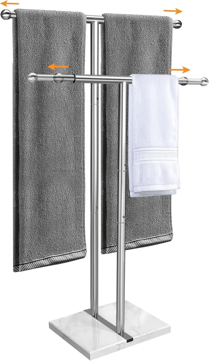 

Adjustable Height & Width Stainless Steel Towel Rack with Marble Base, 2-Tier Freestanding Bathroom Organizer