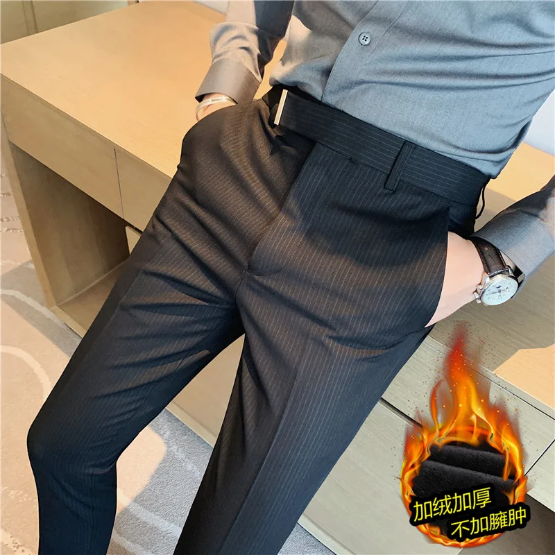 

Autumn Winter New Thickened Velvet Warm Casual Pants High Qualitys Stripe Men Office Social Business Party Suits Trousers