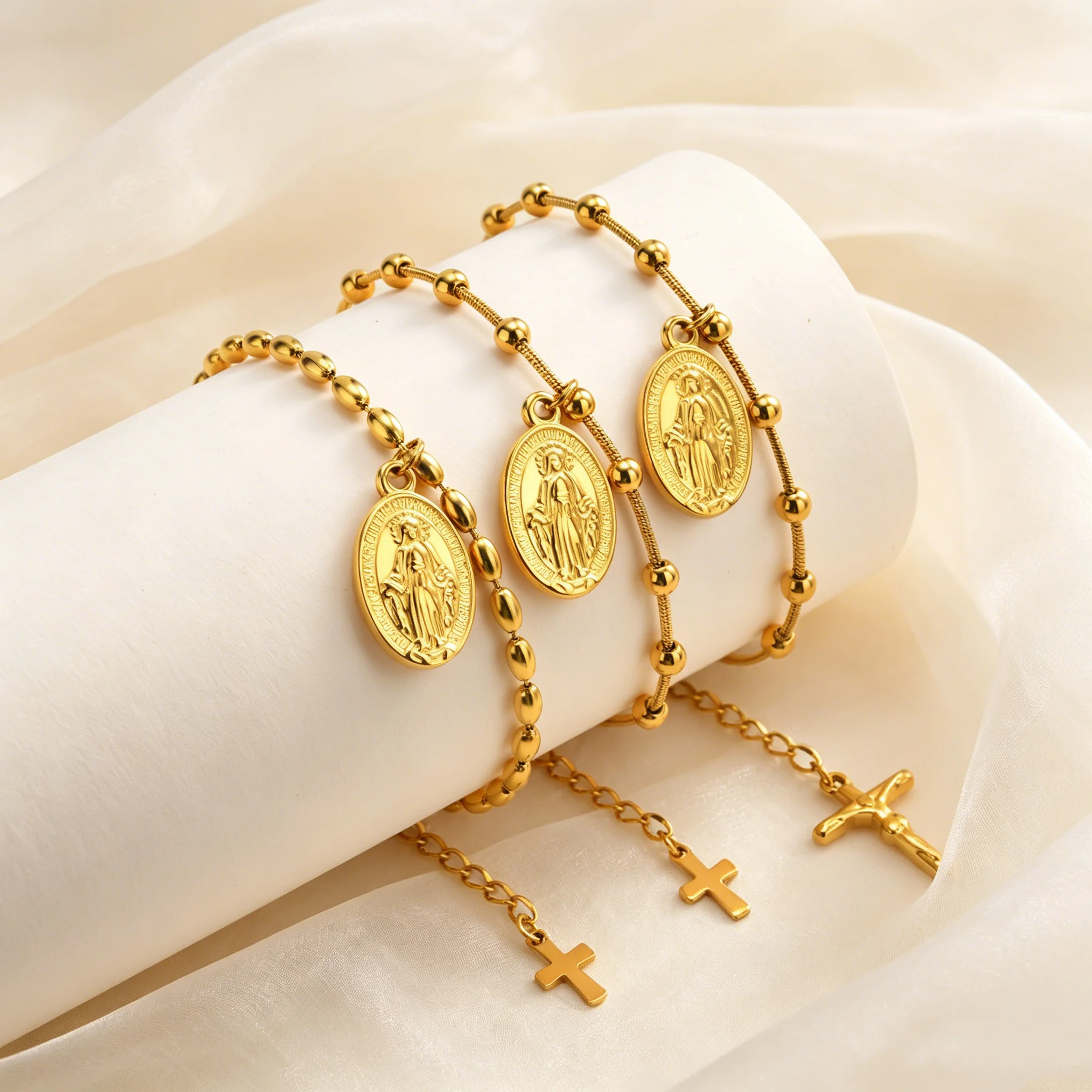 Virgin Mary Rosary Bracelet for Women, 18K Gold Plated Beads Chain Stainless Steel Bracelets, Religious Cross Pray Jewelry