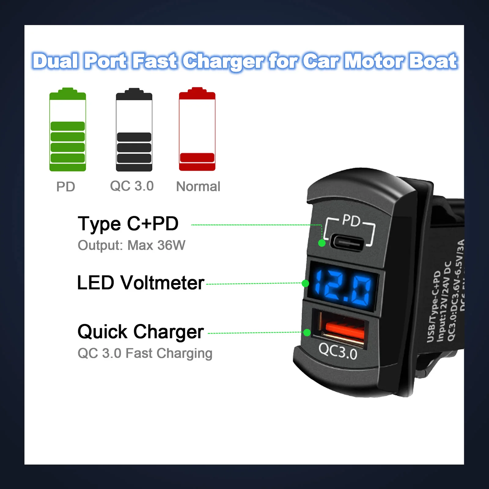 Caja de interruptor basculante de 3 bandas, 12V, 5 pines, interruptor de encendido y apagado, PD tipo C y QC 3,0, cargador USB, voltímetro azul, caja de aluminio, Panel de interruptor basculante
