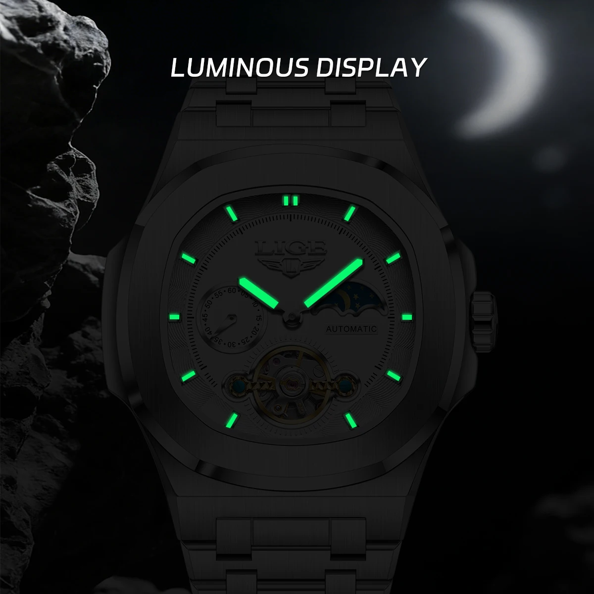 LIGE Dual Seconds Tourbillon Watch 24 Hour Mechanical Watch Men Stainless Steel Authentic Watch Night Glow Waterproof Mens Watch