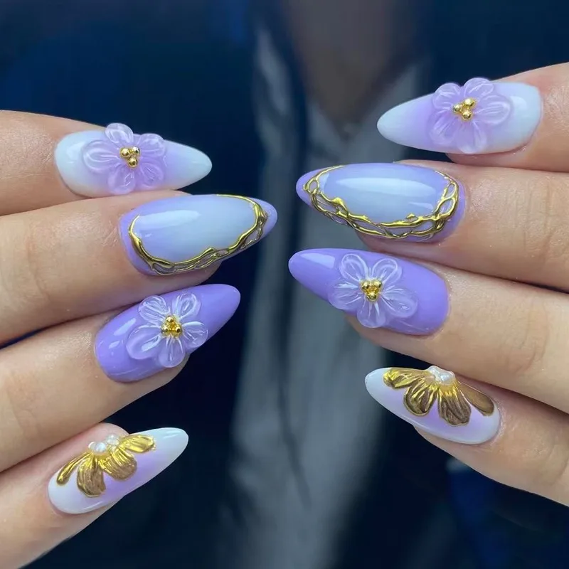 

24PCS Sweet Cool Purple Gradient French Stick on False Nails 3D Carved Flowers Luxury Golden Pattern Almond Fake Nails for Women