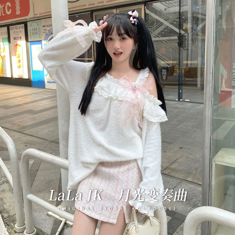 Japan Sweater With Irregular Collar Kawaii Women Lace Cute Sweet Dress Female Korea Strap Long Sleeve Blouse