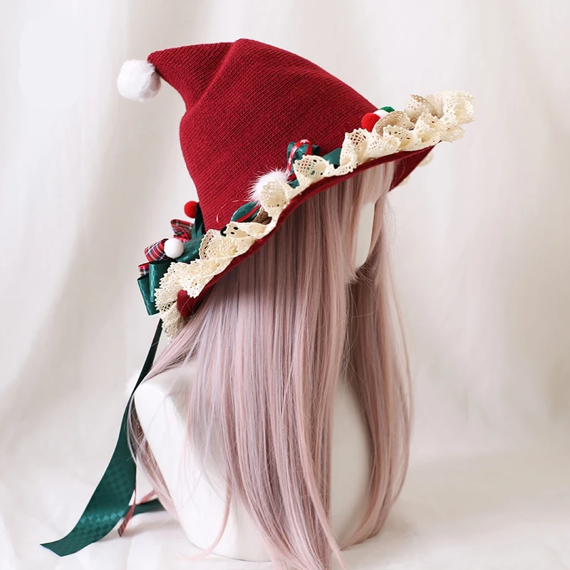 Sombrero de bruja de Navidad Original japonés Lolita, lazo de encaje, sombrero de cuento de hadas para mujer, accesorios de disfraces de fiesta, tocado con lazo
