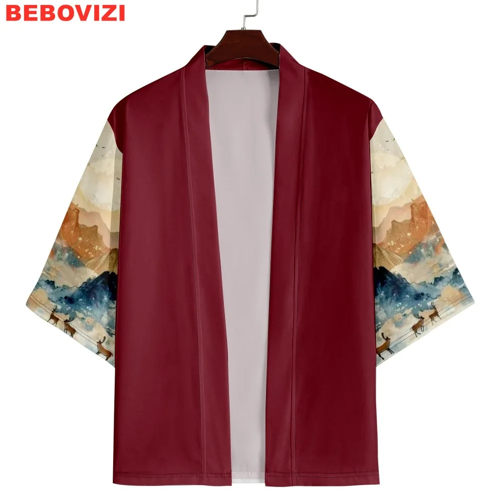 

Vintage Print Red Cardigan Haori Fashion Women Beach Yukata Japanese Kimono Streetwear Men Traditional Asian Clothing
