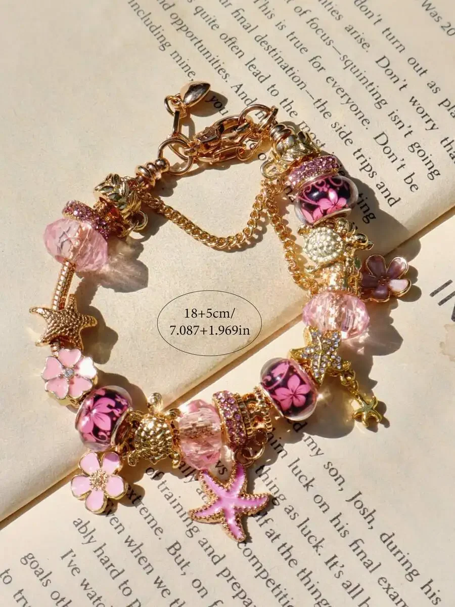 

Pink Cherry Blossom Starfish Charm Bracelet Fashion Beaded Jewelry For Women