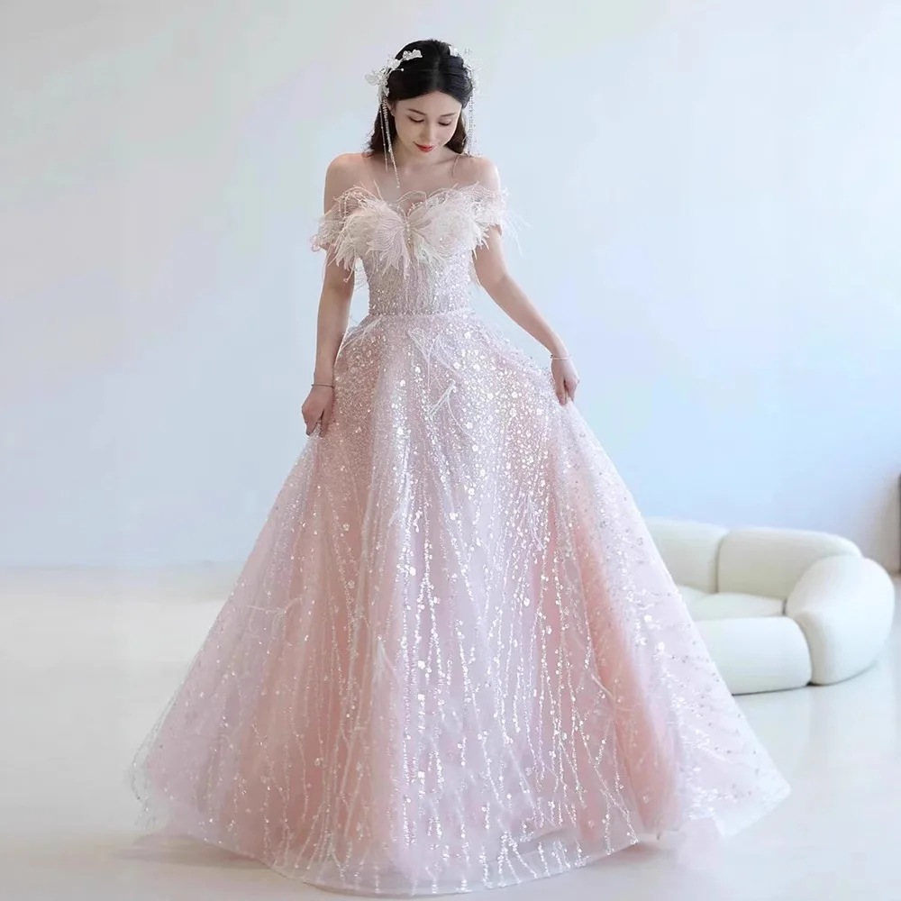 

New style Off-Shoulder evening dress senior sense pink sweet elegant temperament birthday party ball host dress