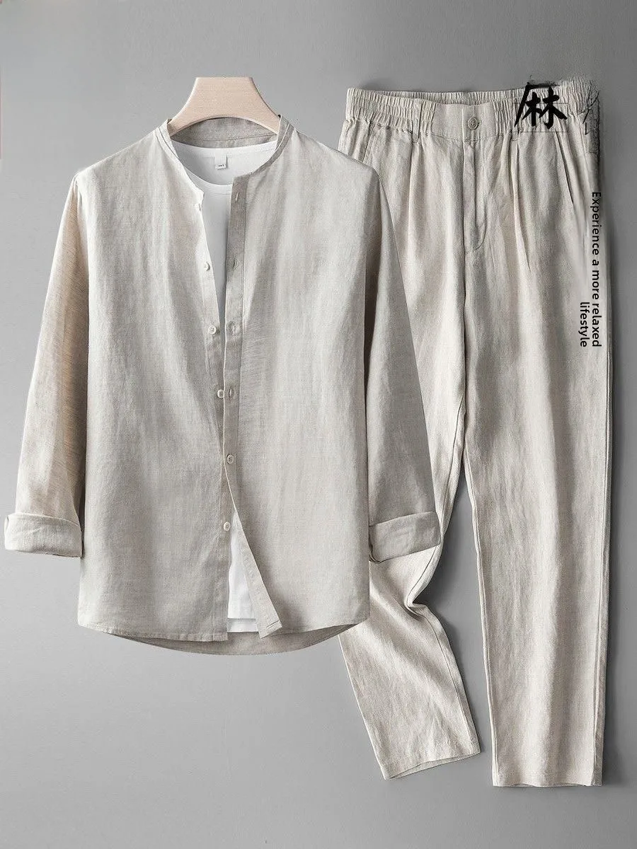 Spring Summer Men's Cotton Linen Set Vintage Chinese Style Two-Piece Thin Linen Material Breathable Casual Long Pants