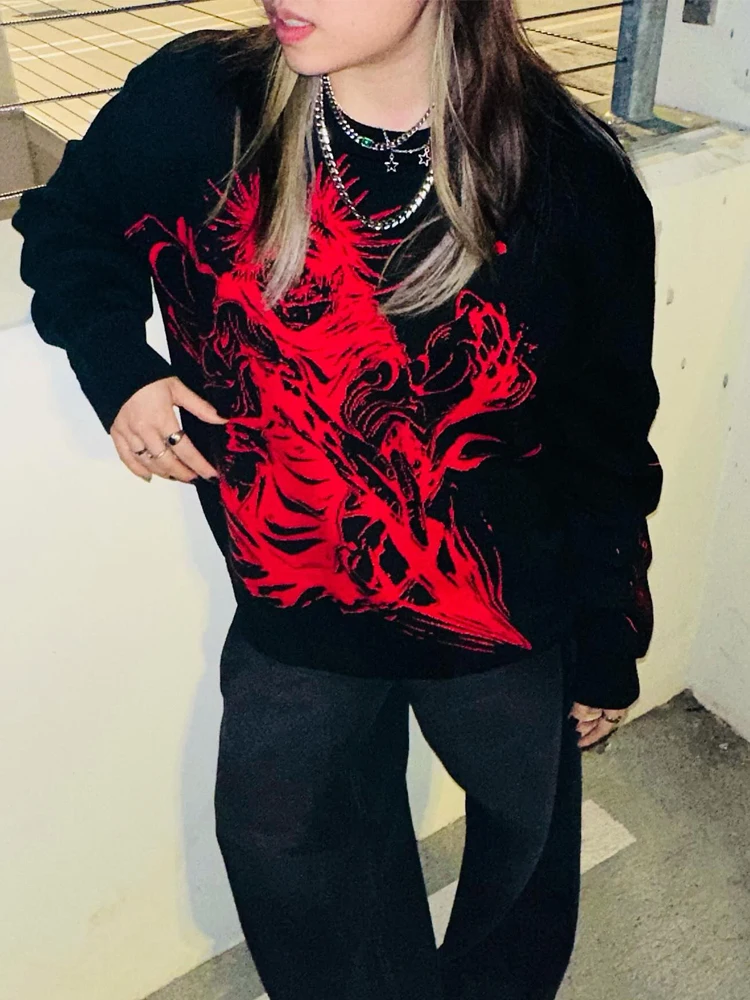 O ネックゴシック原宿ストリートニットセーター女性服ニットトッププルオーバーセーター秋と冬の新ファッションカジュアルルーズ