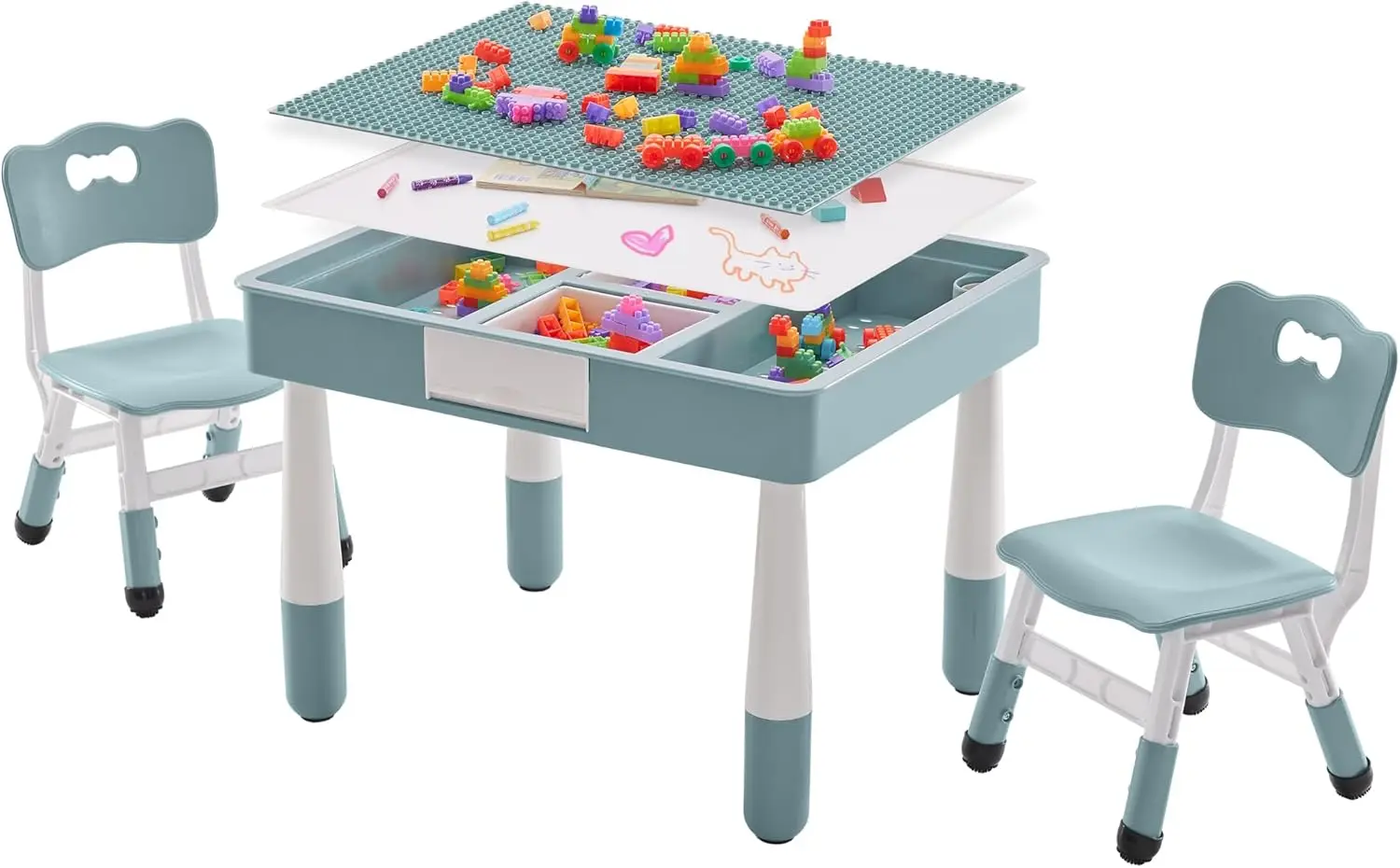 

4 in 1 Kids Table and 2 Chairs Set with Storage, Toddler Table and Chair Set for Kids Ages 3-10, Graffiti & Building Blocks Doub