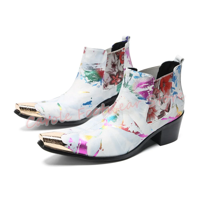 Male Mixed Color Prints High Top Chelsea Boots Fashion Metal Pointed Toe Chunky Heel Ankle Boots Men's Large Size Leather Shoes