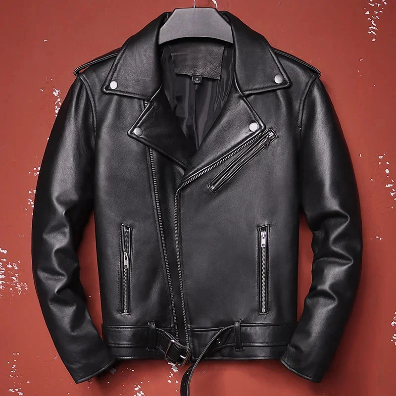 2025 Men's Oblique Zipper Sheepskin Jacket Classic Motorcycle Black Genuine Leather Slim Fit Short Biker Male Coats For Autumn