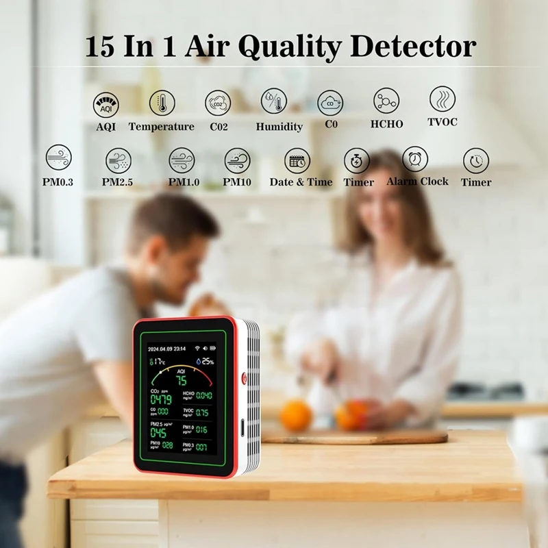 Air Quality Monitor  15 In 1 Smart Air Quality Tester With PM CO 2 CO TVOC HCHO Temperature&Humidity Display  B EU Plug