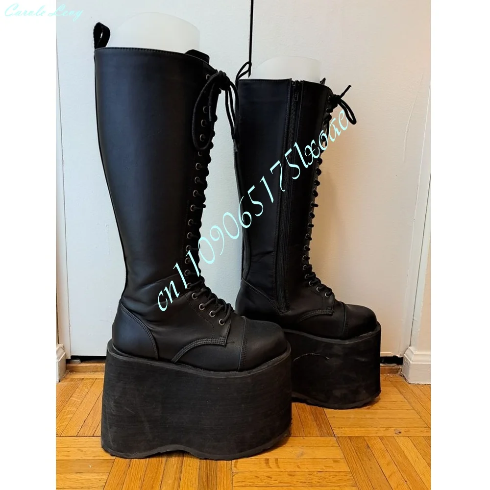 Black Thickness Platform Cosplay Mid Calf Boots Round Toe Wedges High Heel Performance Stage Women Shoes Short Boots Para Mujers
