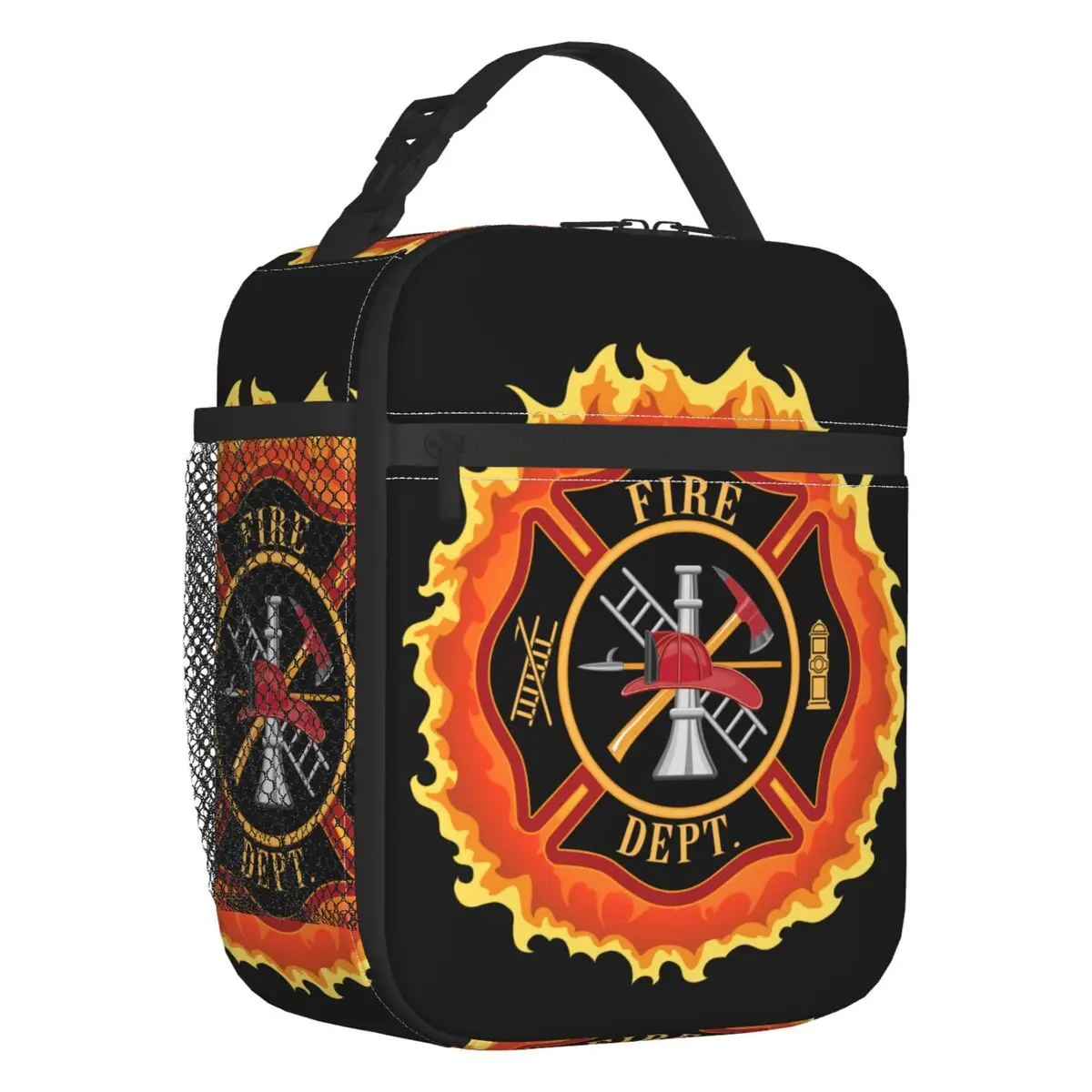 Firefighter Cross With Flames Thermal Insulated Lunch Bag Fire Rescue Fireman Lunch Tote for Work School Travel Storage Food Box