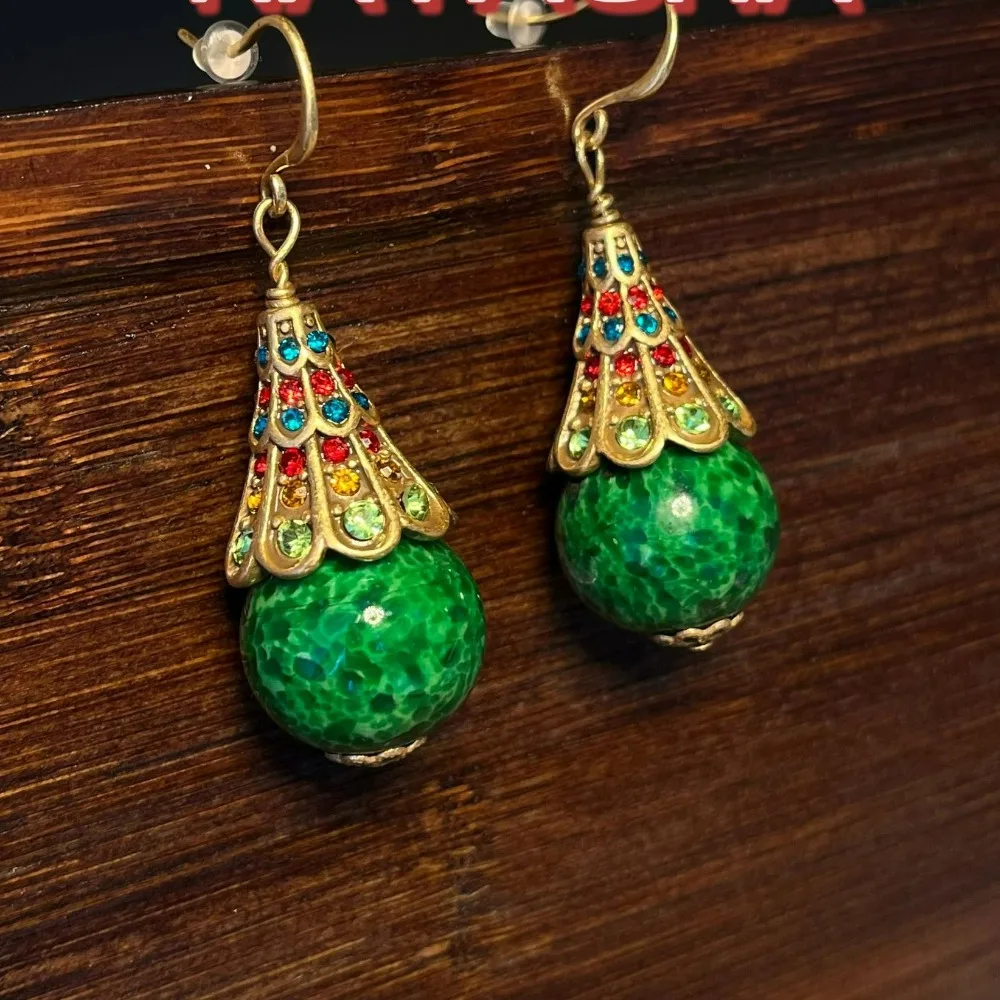 جديد القرون الوسطى خمر الزجاج روج مسحوق العرقية الرجعية الأقراط الجديدة الصينية الخضراء الضفدع الزجاج حجر الراين معبد مزاجه أقراط #6