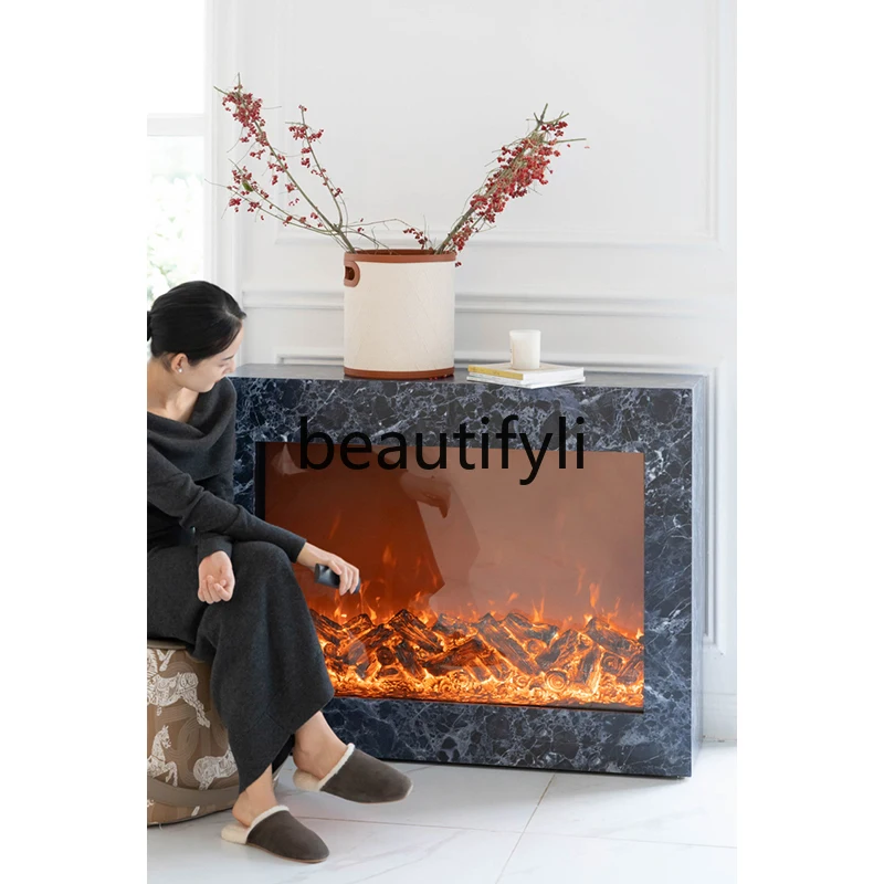 Prussian blue/amber crystal yellow simulated fire fireplace solid wood decorative storage side cabinet